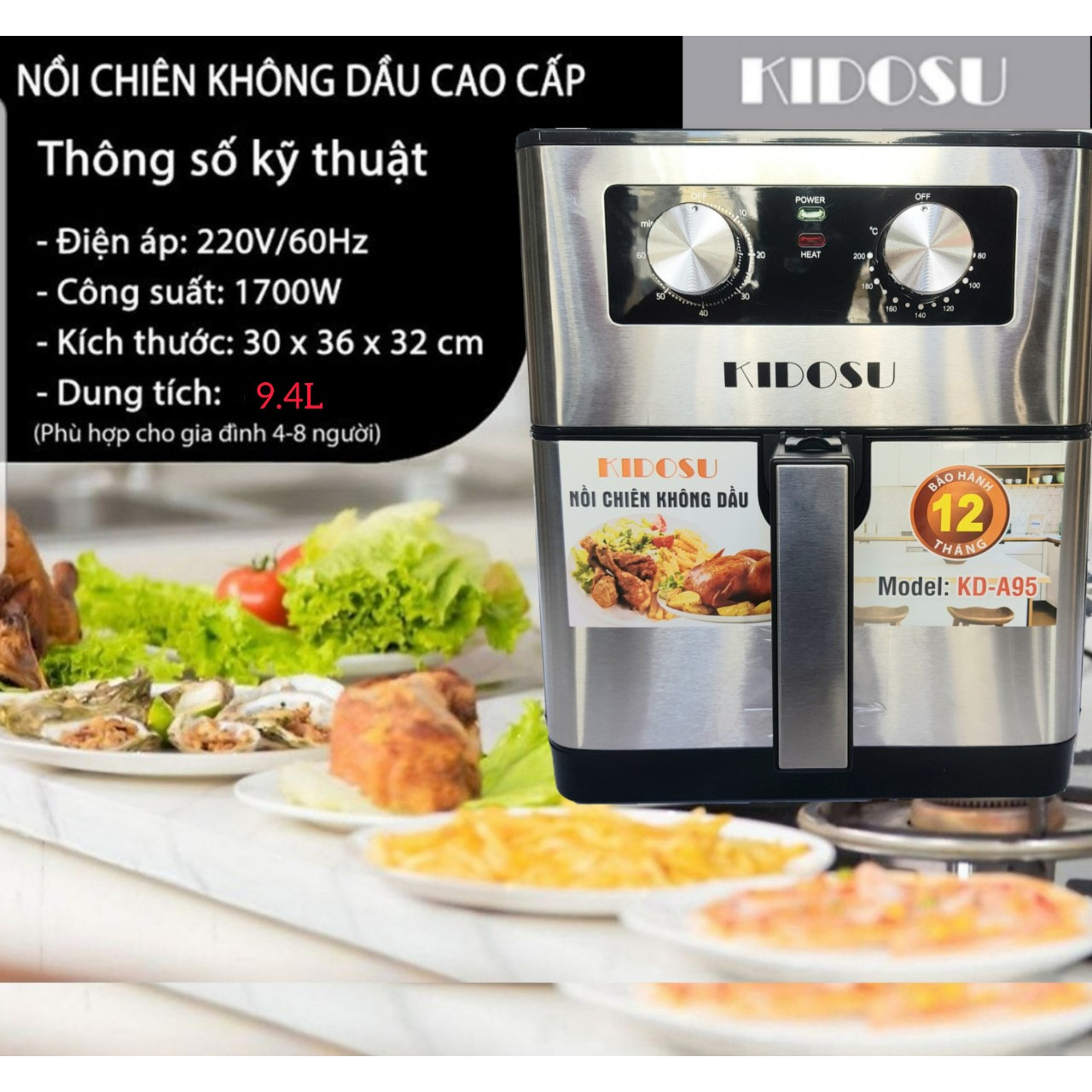 NỒI CHIÊN KHÔNG DẦU 9.4L. 1700W, NÚM VẶN CƠ, VÁCH INOX CAO CẤP, GIỎ CHIÊN RỜI KIDOSU AF95 - HÀNG CHÍNH HÃNG