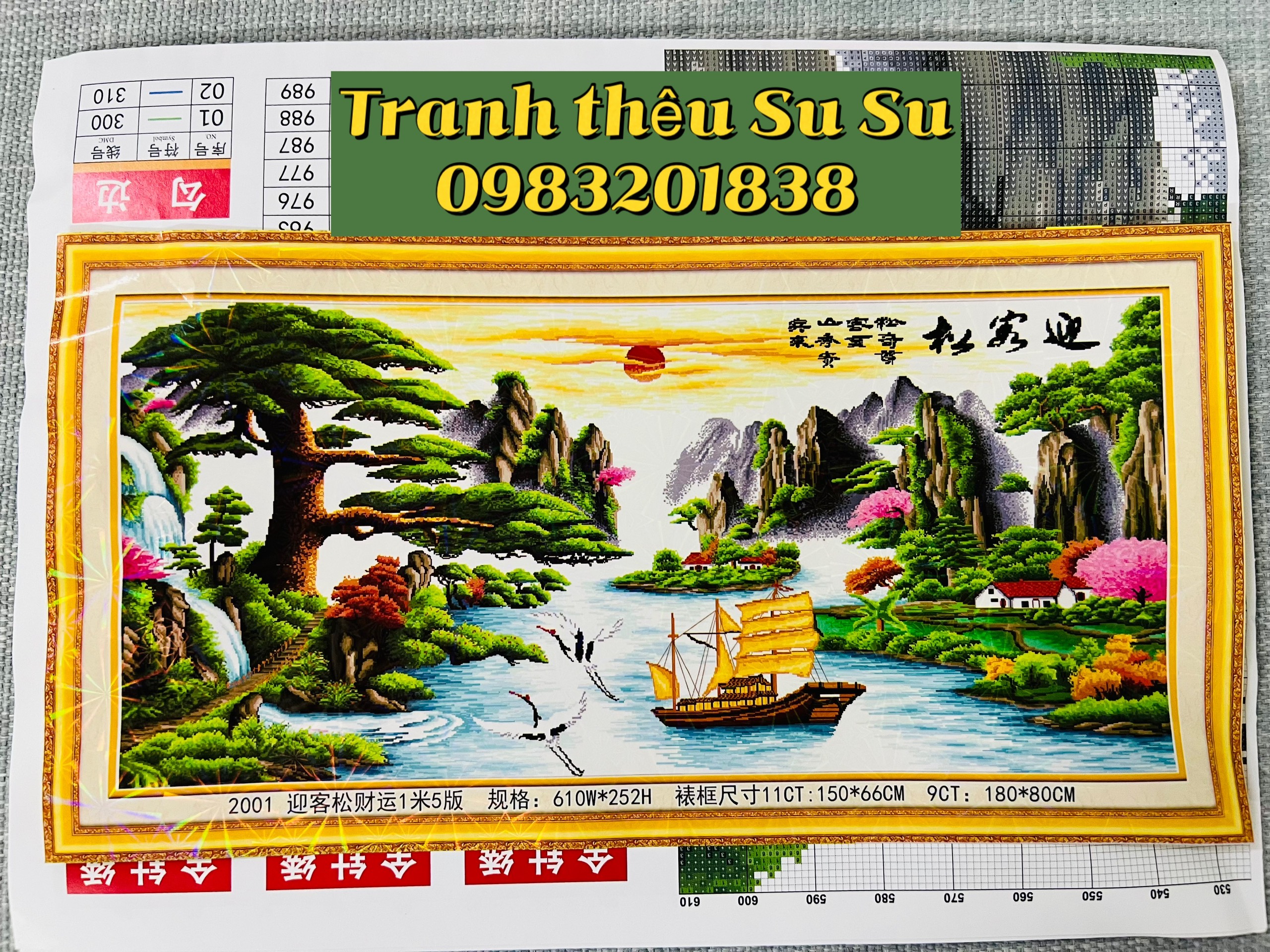 Tranh thêu chữ thập Thuận buồm xuôi gió 2001, kích thước 150*60 cm