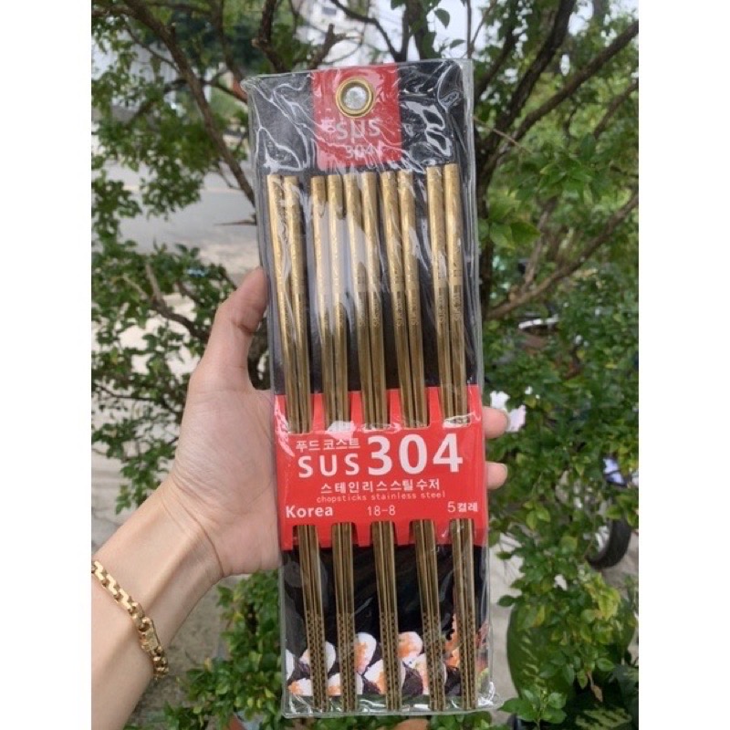 5 đôi Đũa inox cán vuông mạ vàng cao cấp