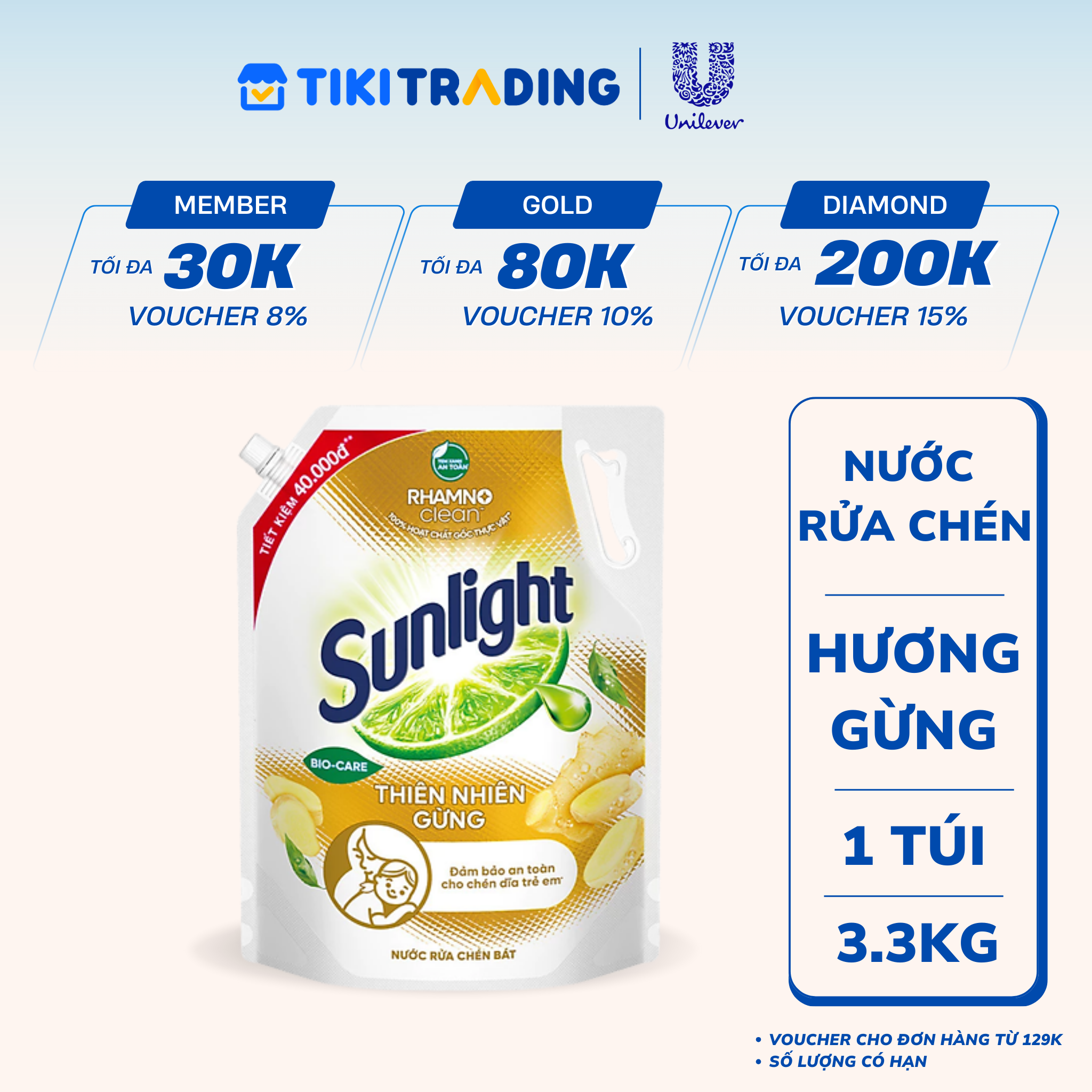 Nước Rửa Chén Sunlight Bio-care Thiên Nhiên 100% Gốc Thực Vật Hương Thiên Nhiên Gừng Túi 3.3KG