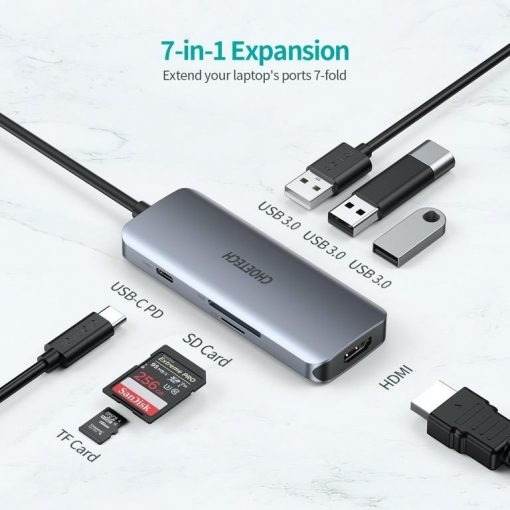 Hub Chuyển Đổi 7 trong 1 Type C To HDMI 4K, Type C 100W, 3 USB 3.0, SD/TF CHOETECH HUB-M19 - Hàng Chính Hãng