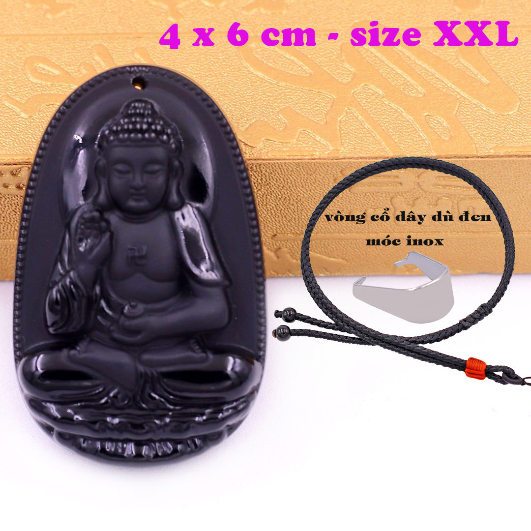 Mặt Phật A di đà đá thạch anh đen 6 cm kèm vòng cổ dây dù đen - mặt dây chuyền size lớn - XXL, Mặt Phật bản mệnh