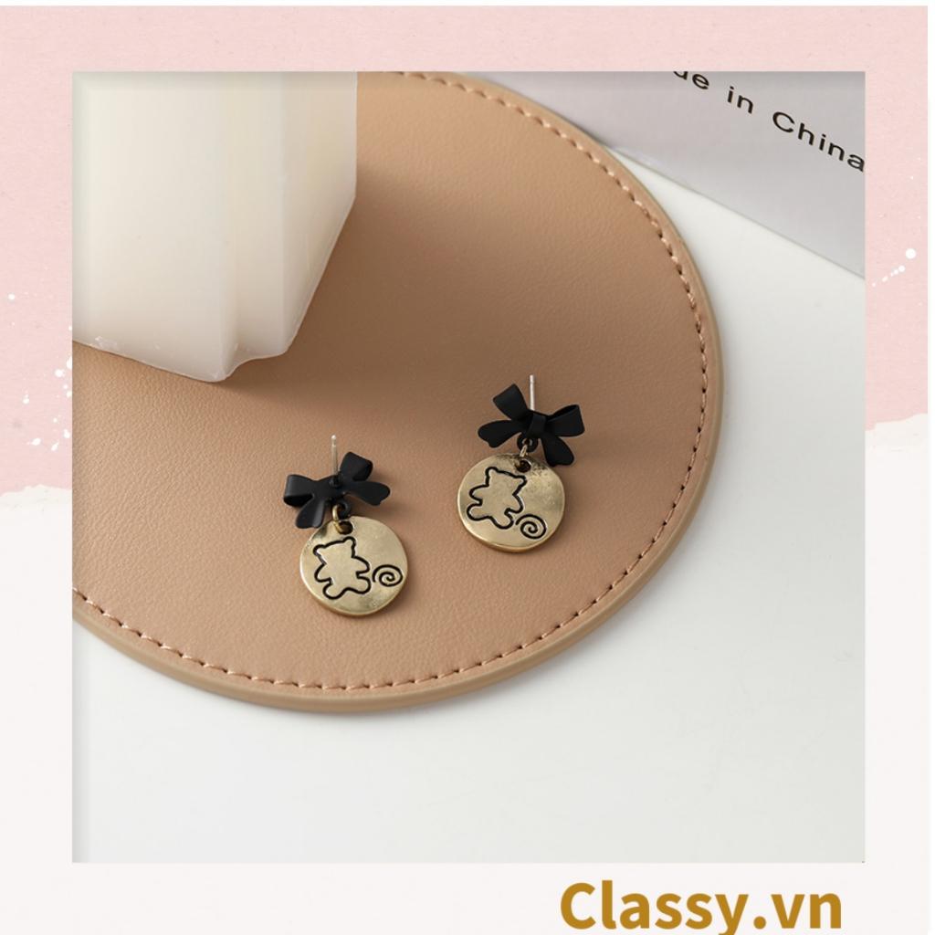 Khuyên tai Bông tai Hoa tai Classy bản tròn họa tiết gấu dễ thương đính nơ hoa tai ánh kim trendy PK1604