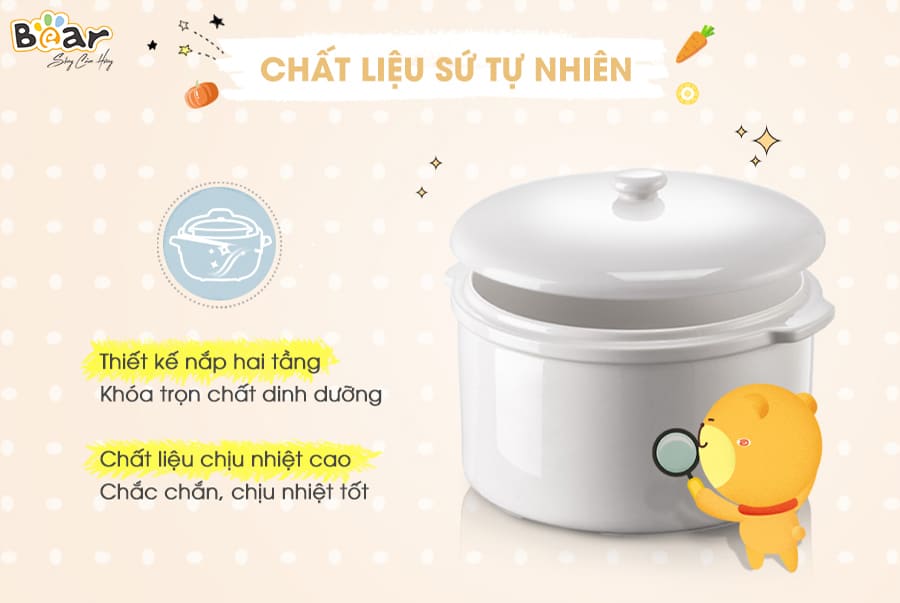 Nồi Chưng Yến, Nồi Nấu Cháo, Nồi Nấu Chậm BEAR SUBE003/ DDZ-C25R6/ DDZ-B25Q3 Bản Tiếng Anh Có Lồng Hấp Tự Động Hoàn Toàn Chống Trào, Chống Cháy Dung Tích 2.5 Lít - Hàng Chính Hãng