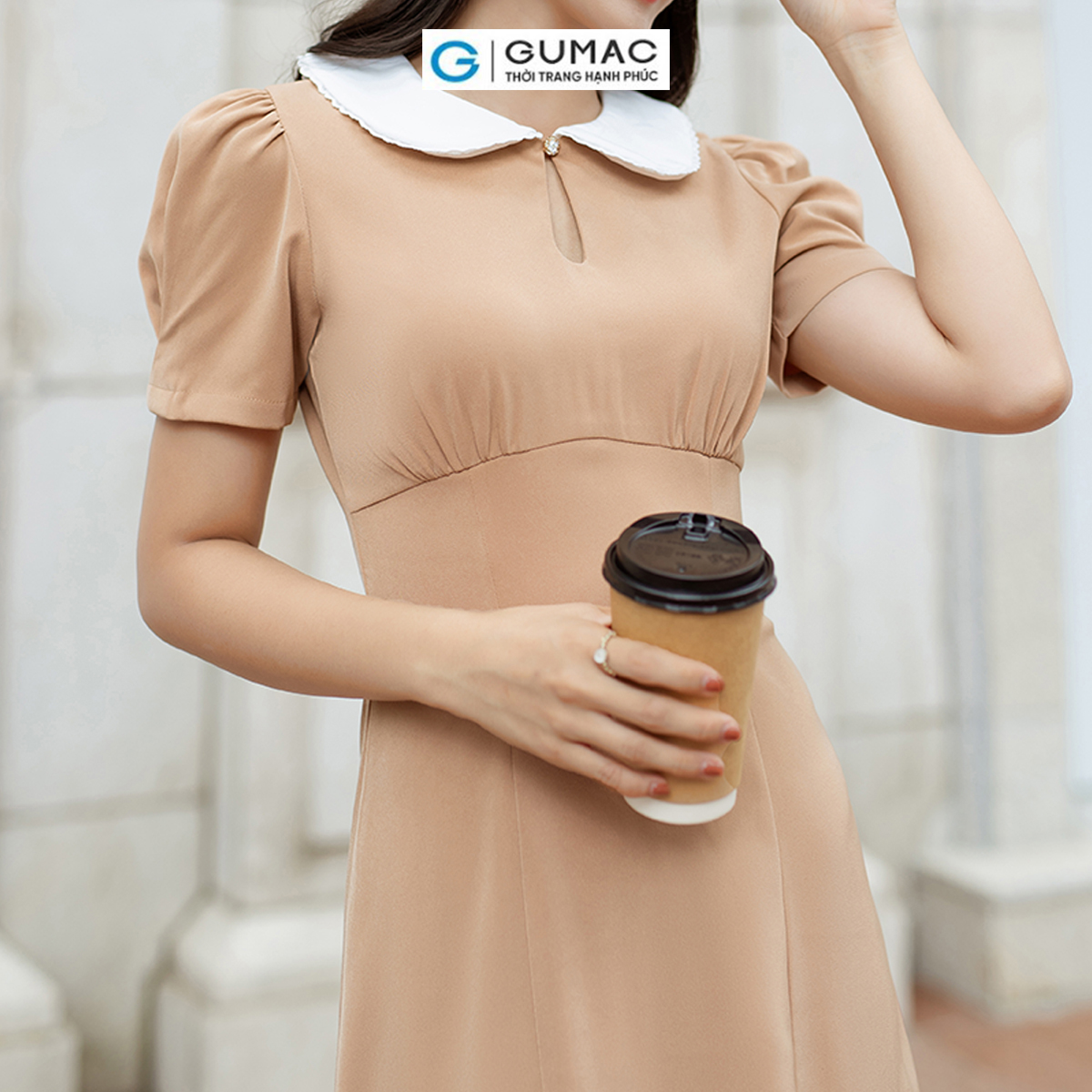 Đầm tay ngắn xếp ly phối bâu tròn thời trang GUMAC DD06057