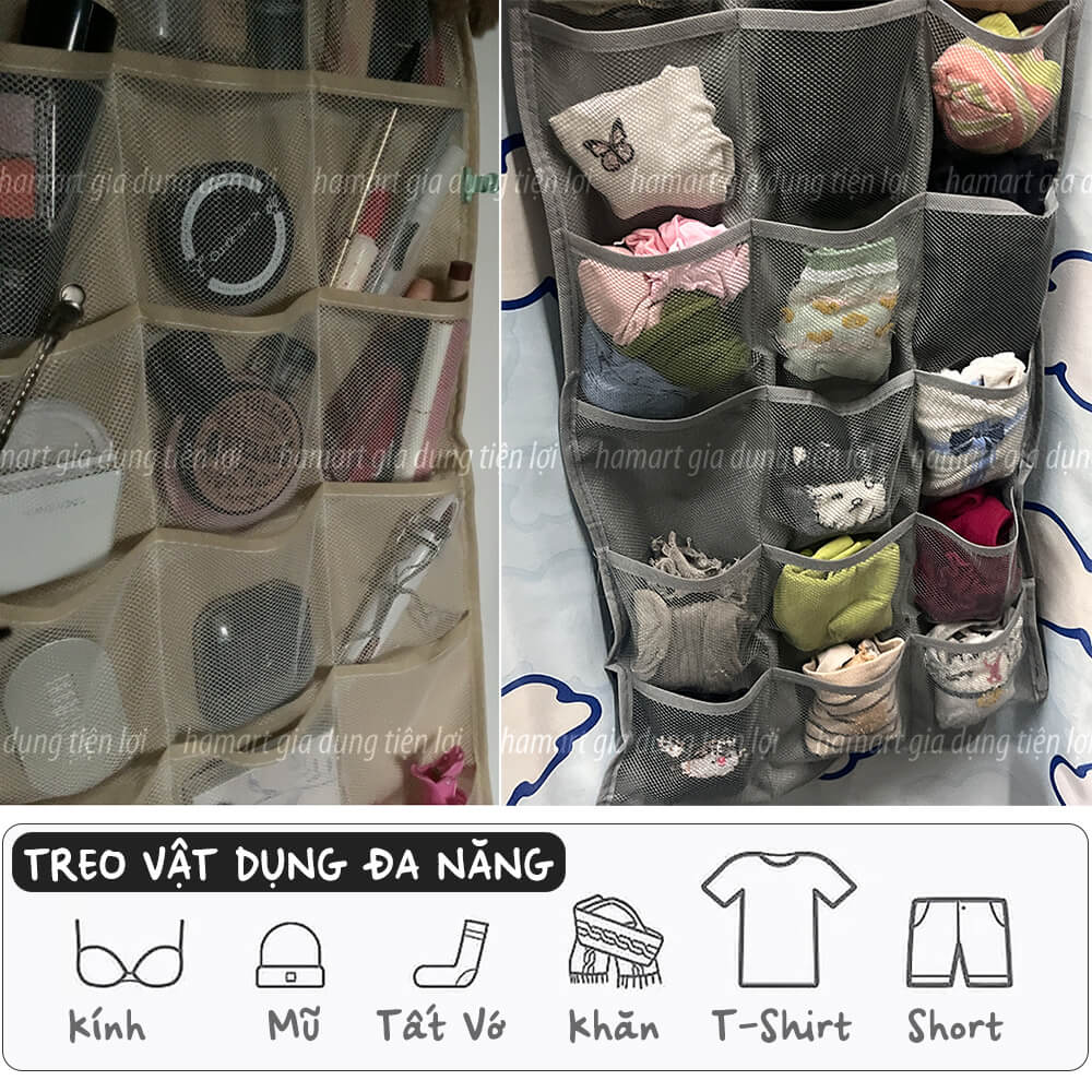 Túi Treo Quần Áo Lót Vải Lưới Nhiều Ngăn Để Đồ Tất Vớ Thoáng Khí Đa Năng Đinh Móc Dán Tường Hamart