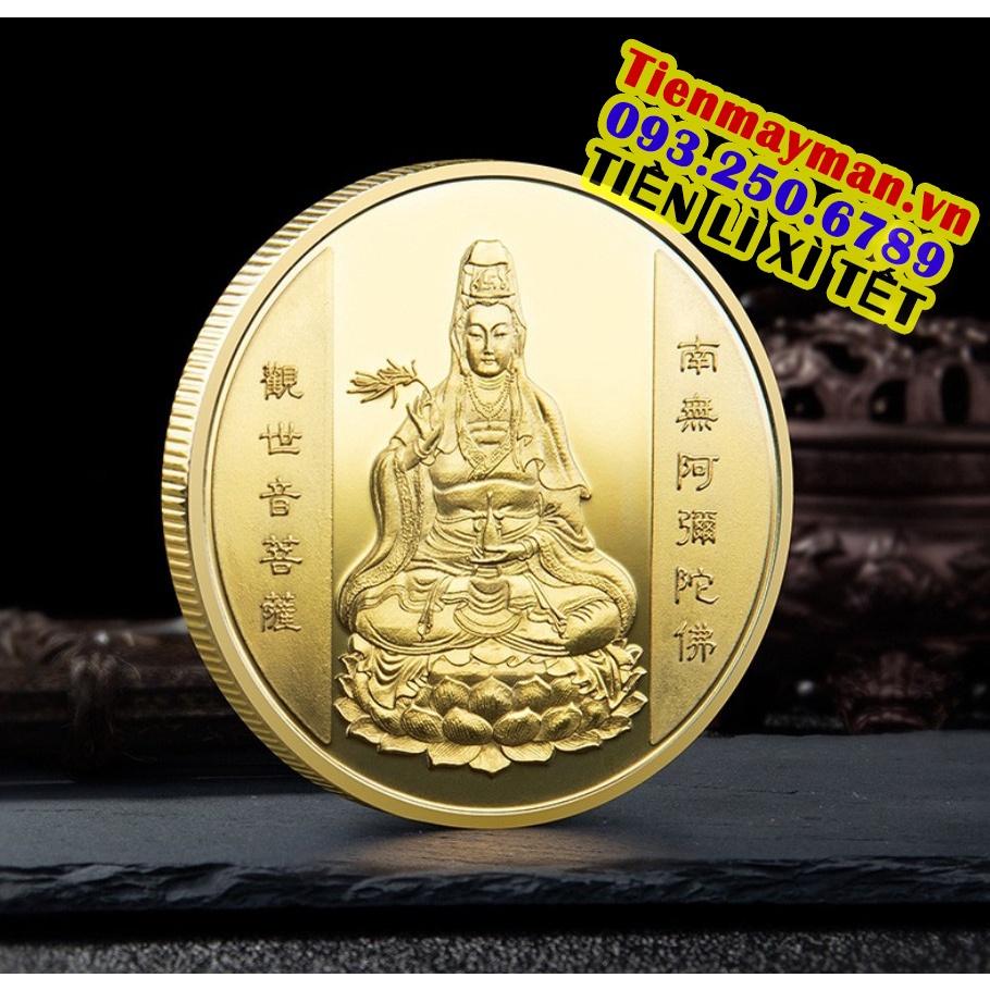 Đồng Xu Quan Âm Bồ Tát Phong Thuỷ May Mắn Tặng Kèm Túi Gấm