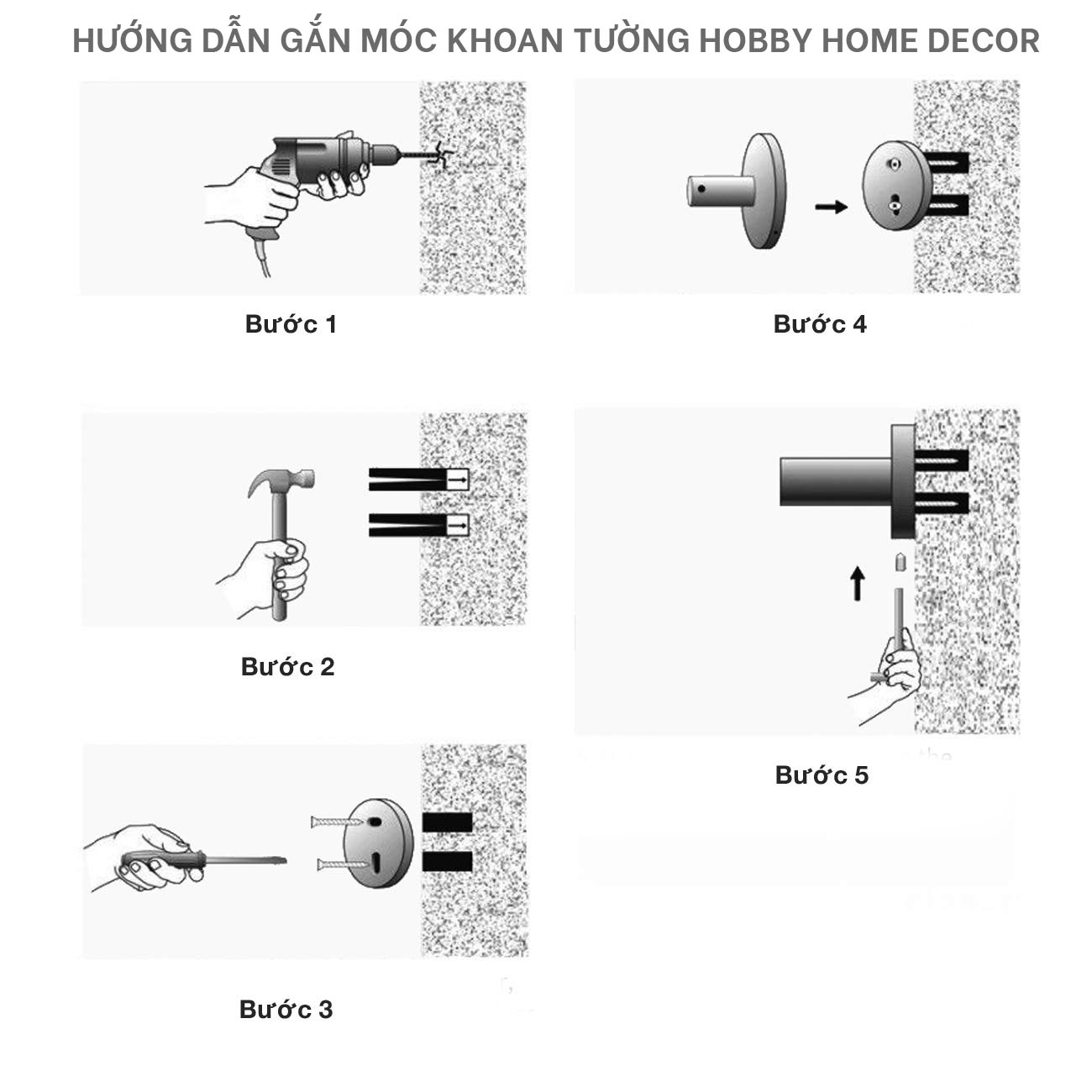 Móc treo đồ decor inox 304 xám Hobby home decor MT1X mẫu khoan tường