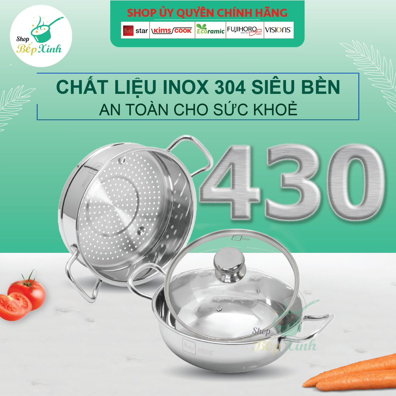 Nồi lẩu xửng hấp inox fivestar 3 đáy từ nắp kính