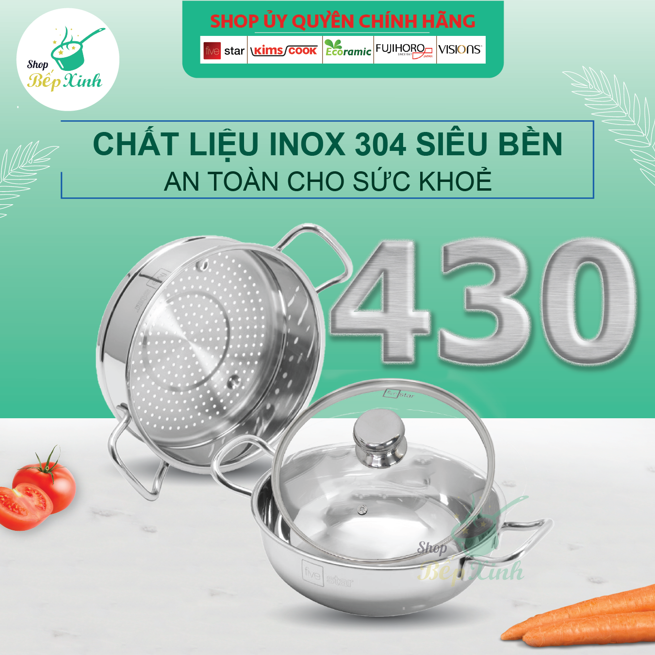Nồi lẩu xửng hấp inox cao cấp Fivestar 3 đáy từ nắp kính - hàng chính hãng