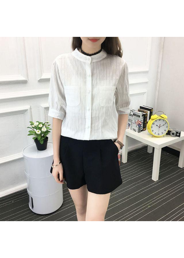 Áo sơ mi nữ cổ trụ chất thô mềm