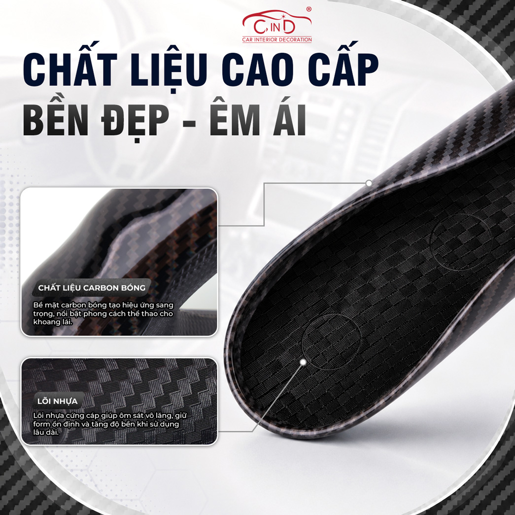 Ốp Bọc Vô Lăng CIND Carbon Bóng Thể Thao Mỏng Nhẹ Chống Trượt Phù Hợp Nhiều Dòng Xe