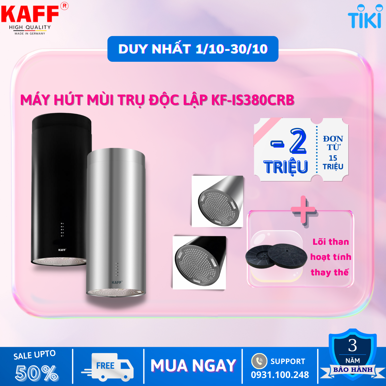 Máy hút mùi độc lập dạng ống_inox_cảm ứng KAFF KF_IS380CRS Tặng bộ lọc than thay thế _ Hàng Chính Hãng