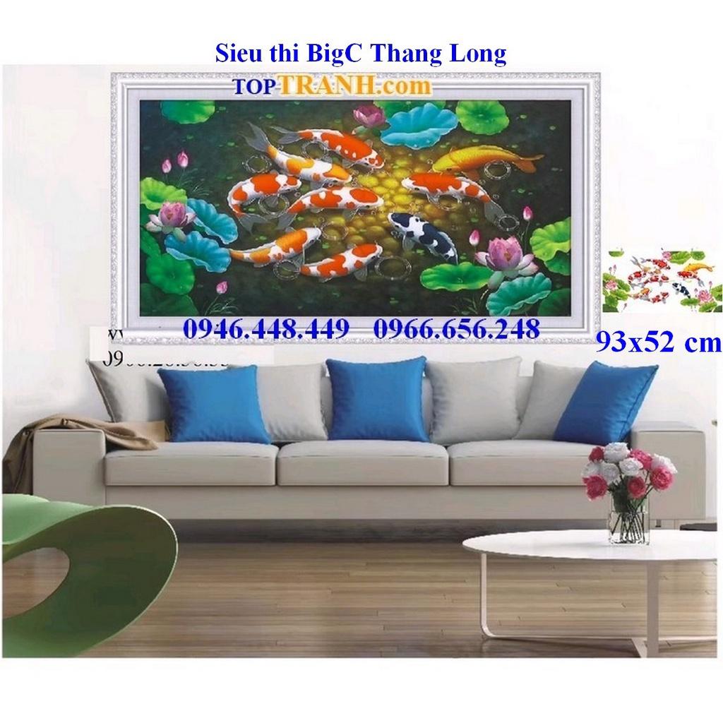 tranh thêu chữ thập cửu ngư quần hội-hoa sen cá chép 88995 (93x52 cm, chưa thêu)