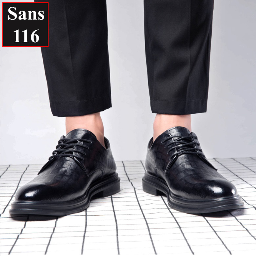 Giầy tây nam tăng chiều cao 6cm Sans116 giày derby công sở đen độn đế buộc dây cao cấp chú rể đám cưới mặc vest