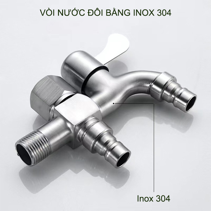 Vòi nước đôi bằng inox 304 gắn tường G03 với 01 đầu vào 2 đầu ra (đầu vào DN15 lắp cho ống D21)