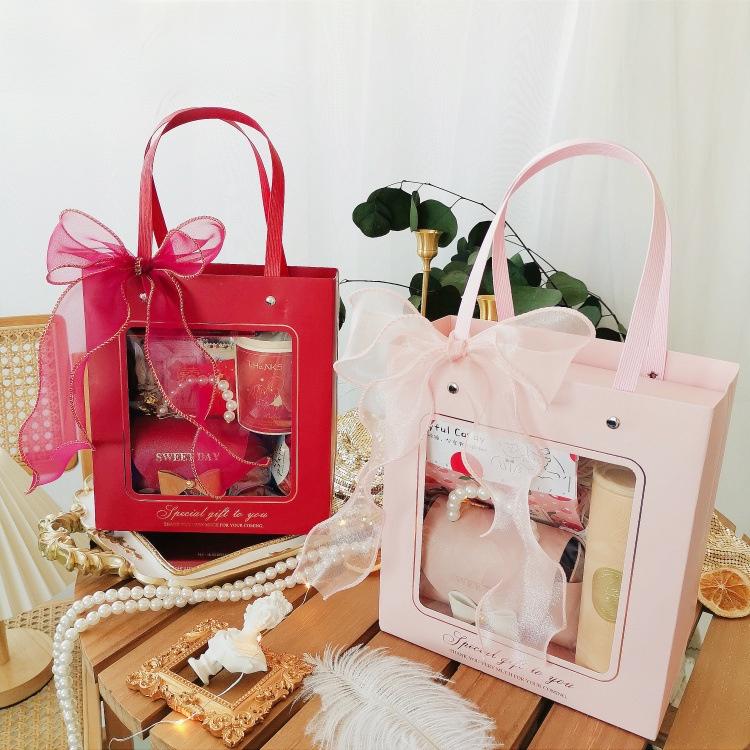 Q793 Bộ Túi giấy và Hộp quà tự gấp kích thước 20x20x9cm trong suốt trơn màu, quà tặng lễ tết sinh nhật xinh xắn