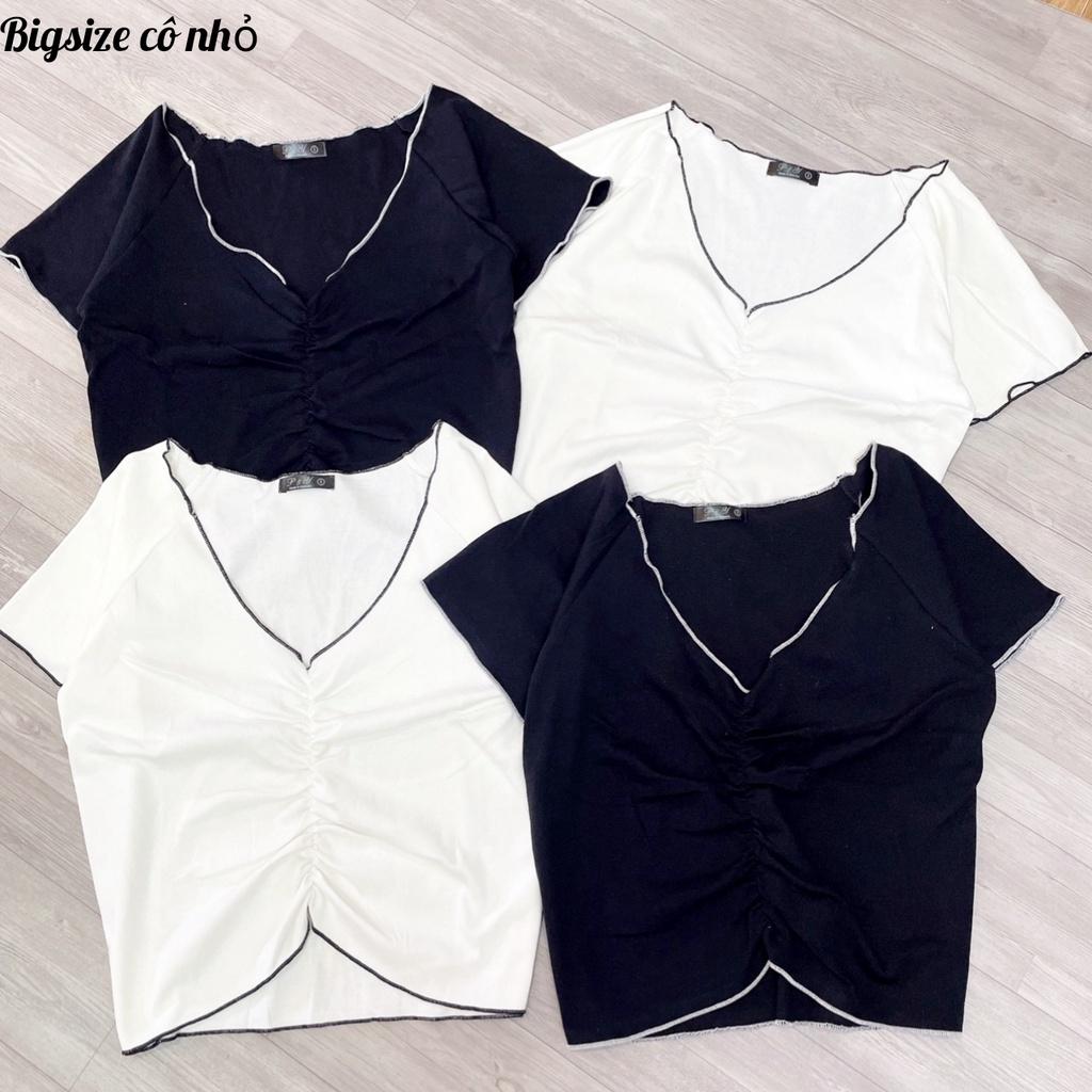 Áo thun tay ngắn bigsize nữ cổ chữ V rút dáng croptop co giãn mạnh A32 - Đen