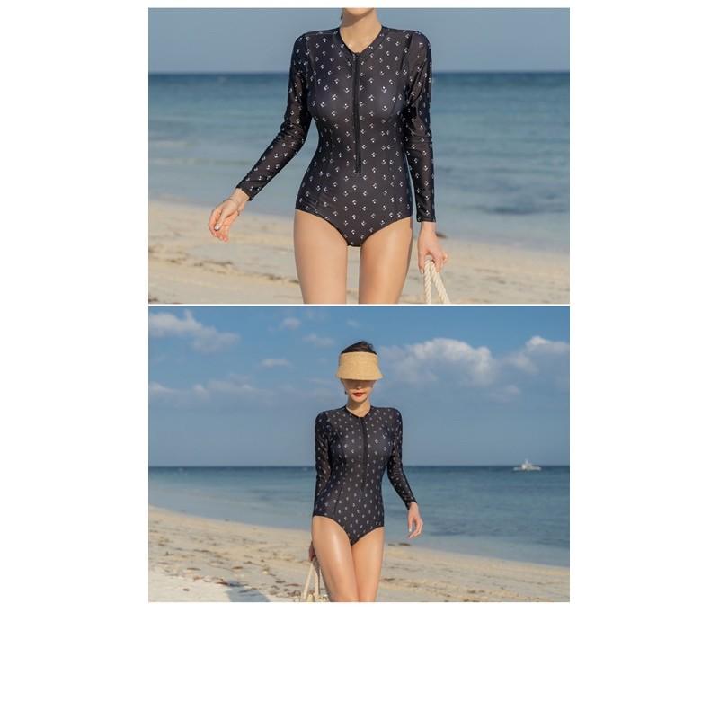 Monokini đồ bơi liền tay dài chấm bi trắng kéo khoá ngực