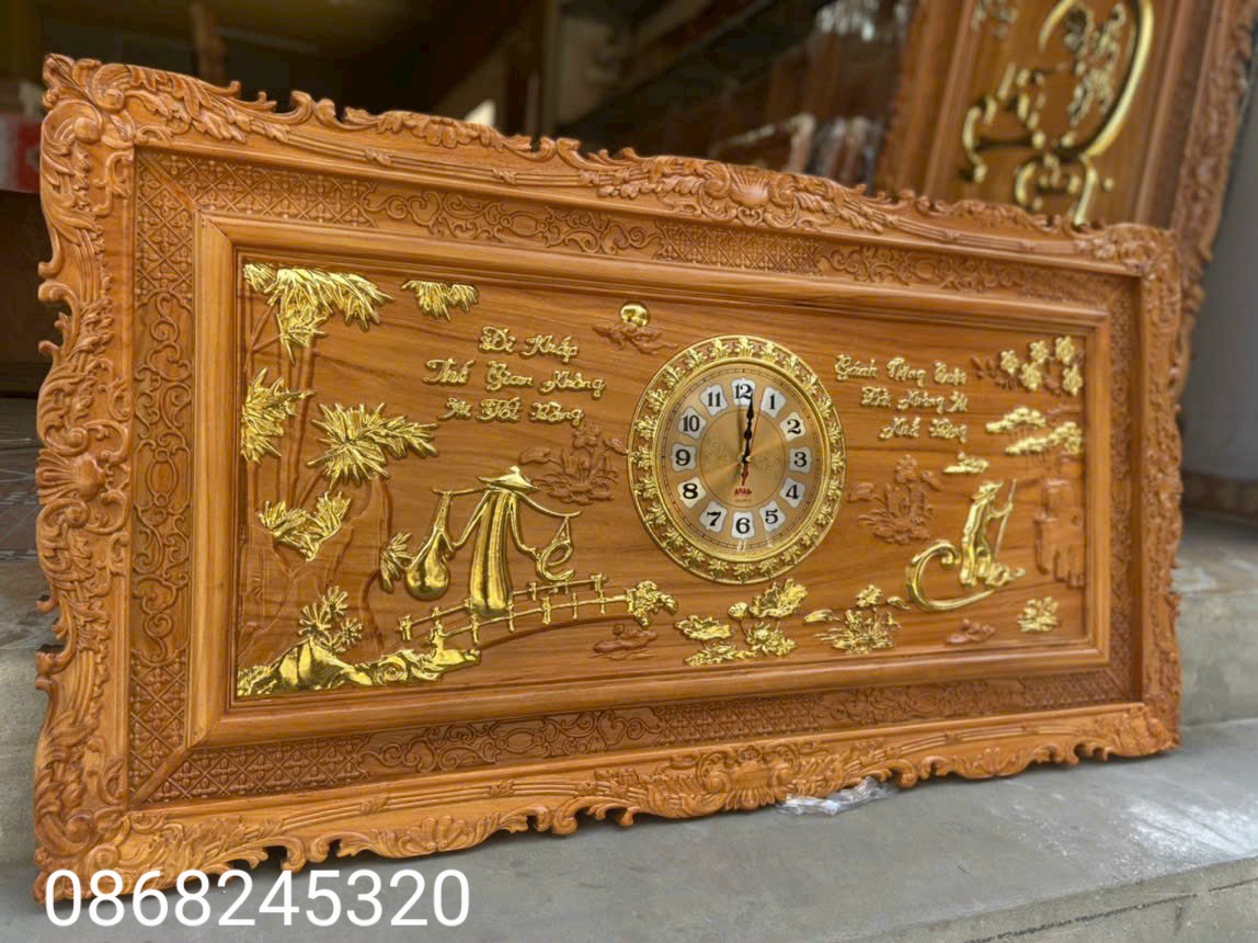 Tranh đồng hồ khắc chữ cha mẹ bằng gỗ gõ đỏ đep long lanh kt 67×127×4cm