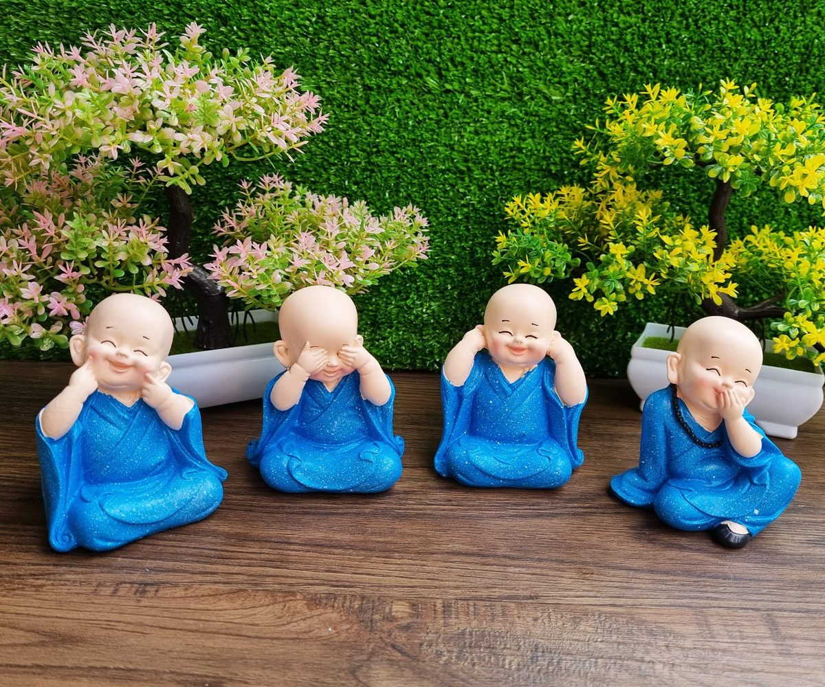 Bộ 04 chú tiểu Tứ Không áo màu xanh dương 10cm - tặng kèm túi 50 xu vàng mini may mắn
