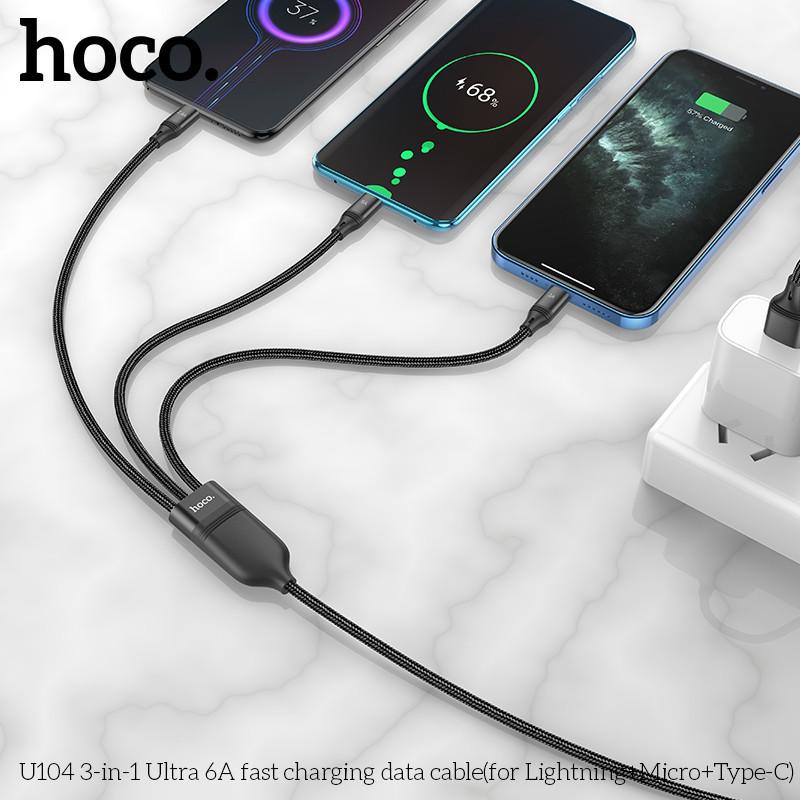 Cáp sạc nhanh 3 đầu 6A 66W bọc dù Hoco U104 1m2, dây sạc lõi hợp kim nhôm hàng chính hãng