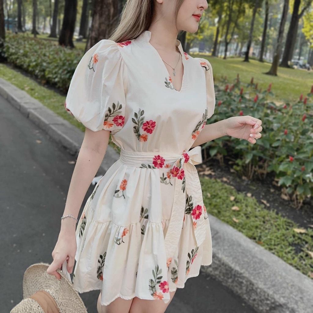 Đầm váy nữ tay phồng cổ chữ V thắt eo chít tầng xòe hàng thiết kế Kgia fashion