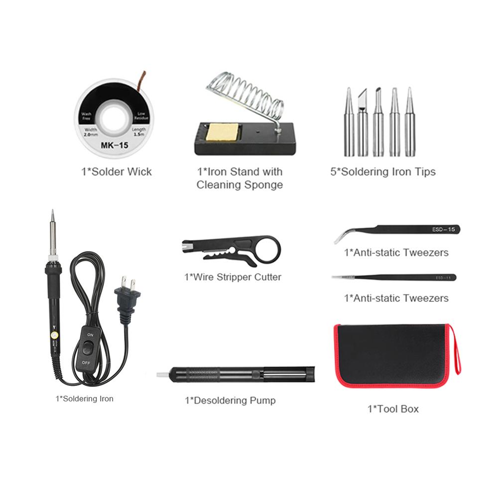 13 in 1 Soldering Iron Kit 60W Adjustable Temperature Welding Soldering Iron with ON/OFF Switch 5pcs Soldering Tips Solder Sucker Desoldering Wick Anti-static Tweezers Iron Stand with Cleaning Sponge Zipper Tool Pouch Organizer
