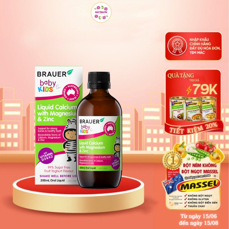 Siro bổ sung Canxi, Magie và Kẽm Brauer Baby & Kids Liquid Calcium With Magnesium & ZinC cho trẻ trên 1 tuổi