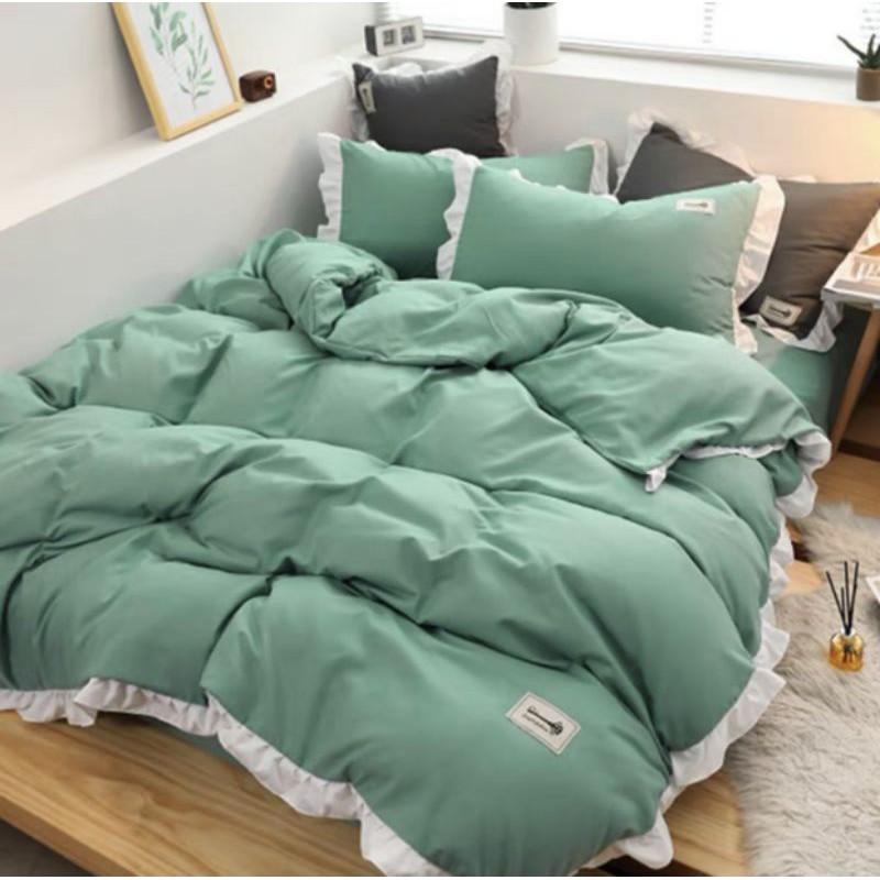 Sét 4 Món Chăn Ga Gối Cotton TC Viền Bèo Trắng Dài Pp3051