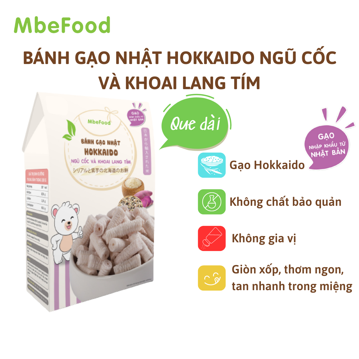 Bánh ăn dặm cho bé MBEFOOD Bánh gạo Nhật Hokkaido ngũ cốc và khoai lang tím que dài (Hộp 2 gói x 5g)