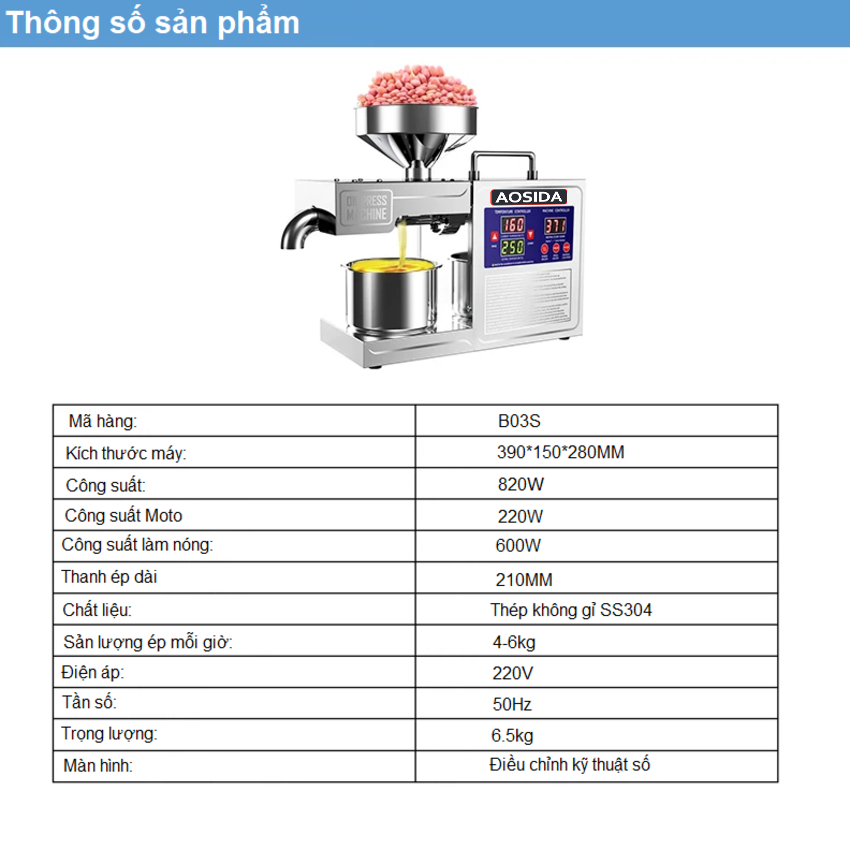 Máy ép dầu thực vật dùng cho gia đình, quán ăn. Thương hiệu Anh Quốc cao cấp Aosida - B03S - HÀNG CHÍNH HÃNG