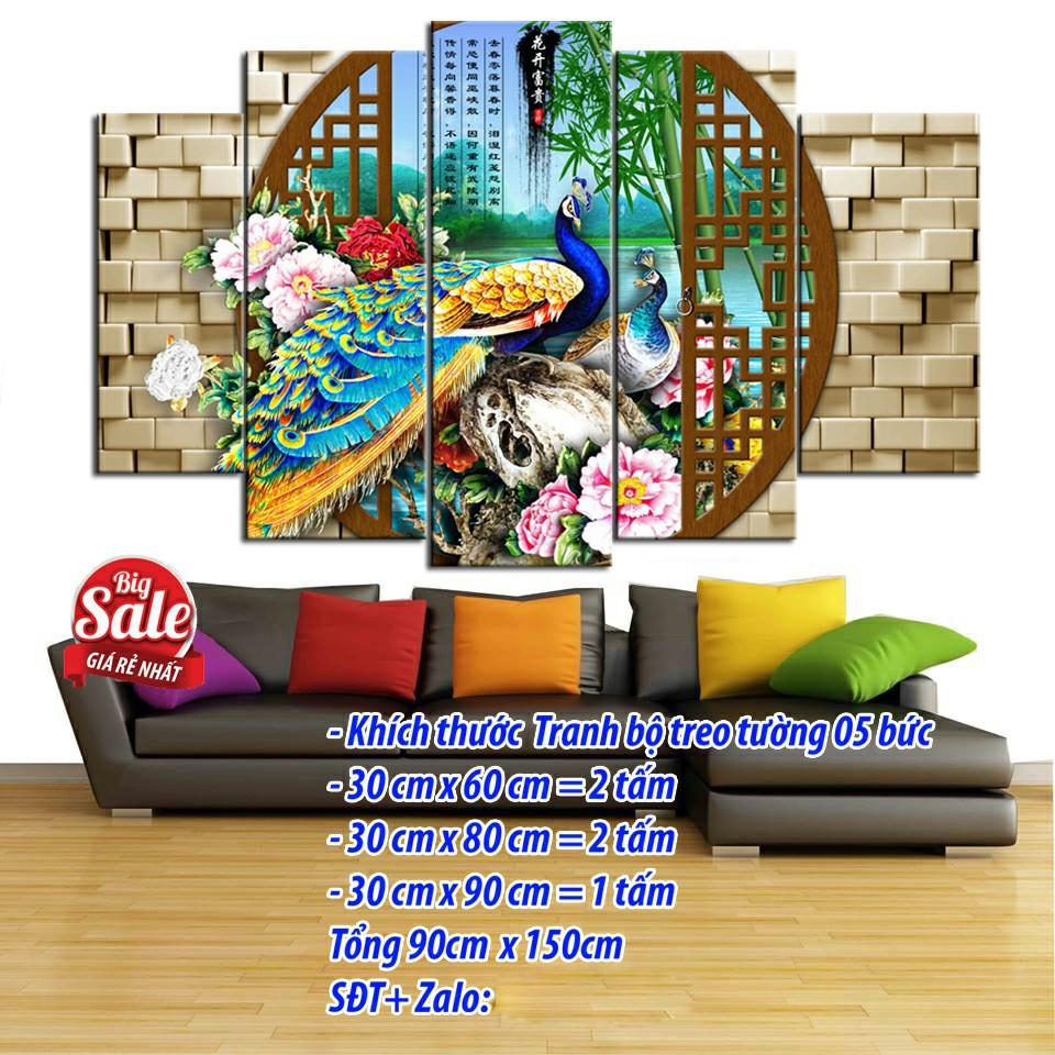 Tranh treo tường trang trí Chim công - Khổng tước 5 tấm 3D/gỗ MDF Hàn Quốc chống ẩm mốc, mối mọt