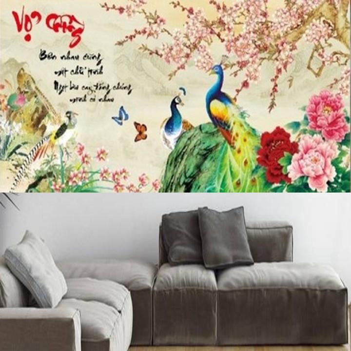 Tranh thêu vợ chồng công hoa đào LV3098 - kích thước: 84 * 43cm.