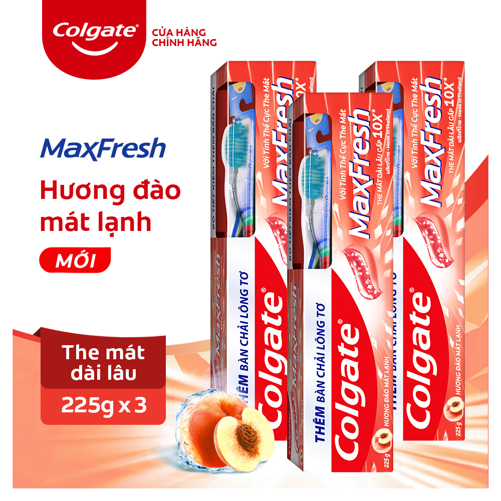 Bộ 3 Kem đánh răng Colgate MaxFresh Hương Đào Mát Lạnh 225g tặng kèm bàn chải