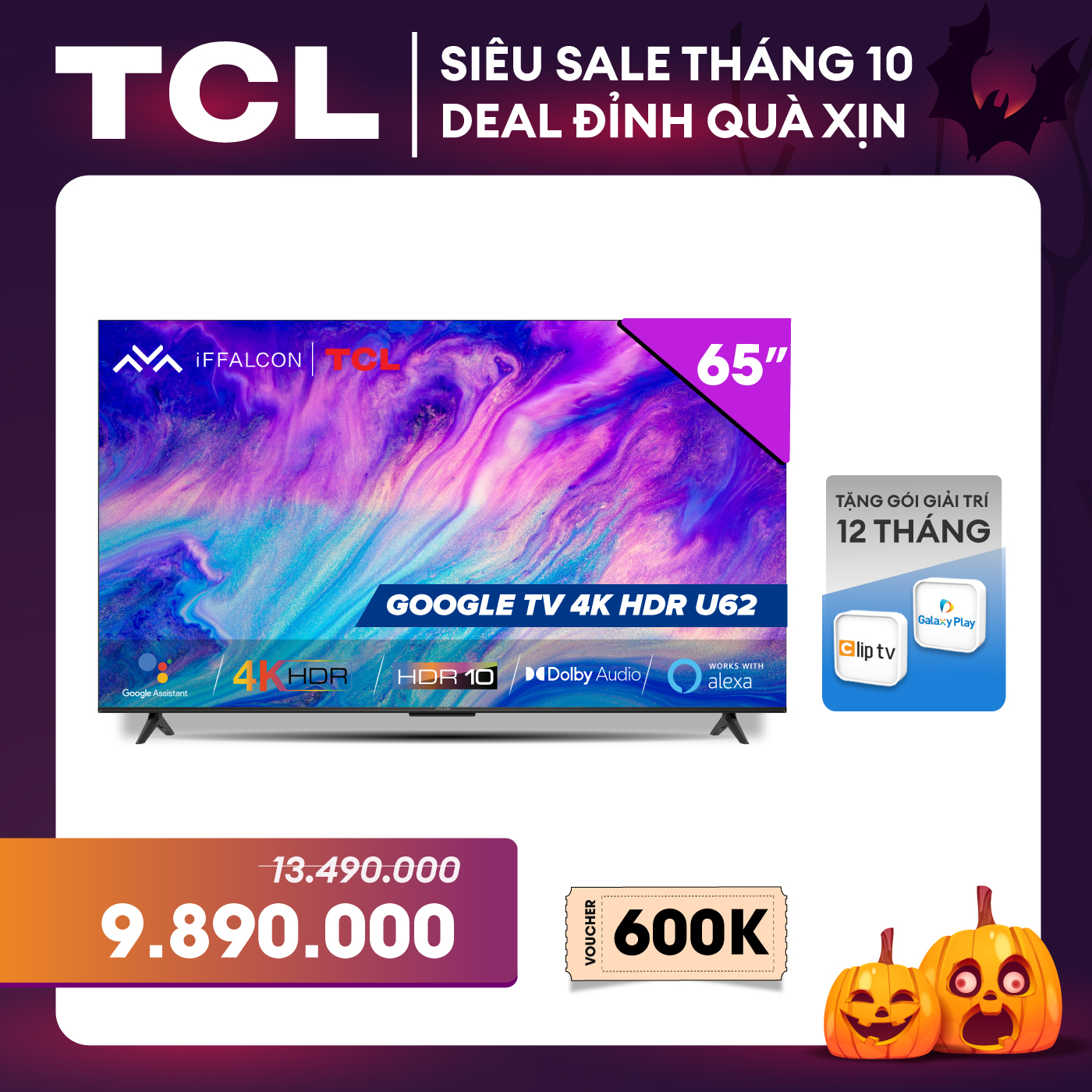 Google Tivi iFFALCON 4K 65inch 65U62 - Hàng chính hãng - Bảo hành 2 năm