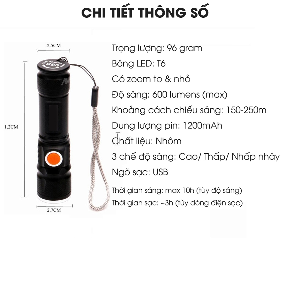 Đèn xe đạp JY-515 cho xe đạp độ sáng 600 lumens có zoom chất liệu nhôm (đã gồm kẹp đèn pin) bóng LED T6 10w - Mai Lee