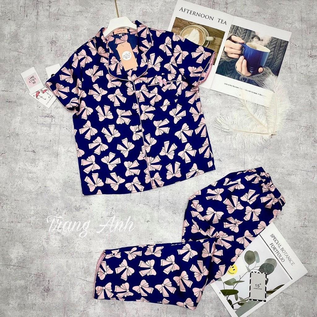 Đồ ngủ pijama lụa Satin cao cấp. Set bộ mặc nhà chất liệu siêu mềm mịn, thoáng mát - họa tiết trái tim siêu dễ thương