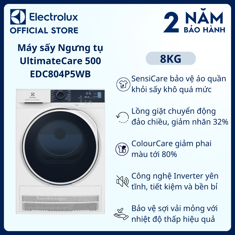 [Free Giao lắp] Máy sấy ngưng tụ Electrolux 8kg EDC804P5WB - Lồng giặt chuyển động đảo chiều, giảm nhăn, giảm phai màu, tiết kiệm, bảo vệ áo quần [Hàng chính hãng]