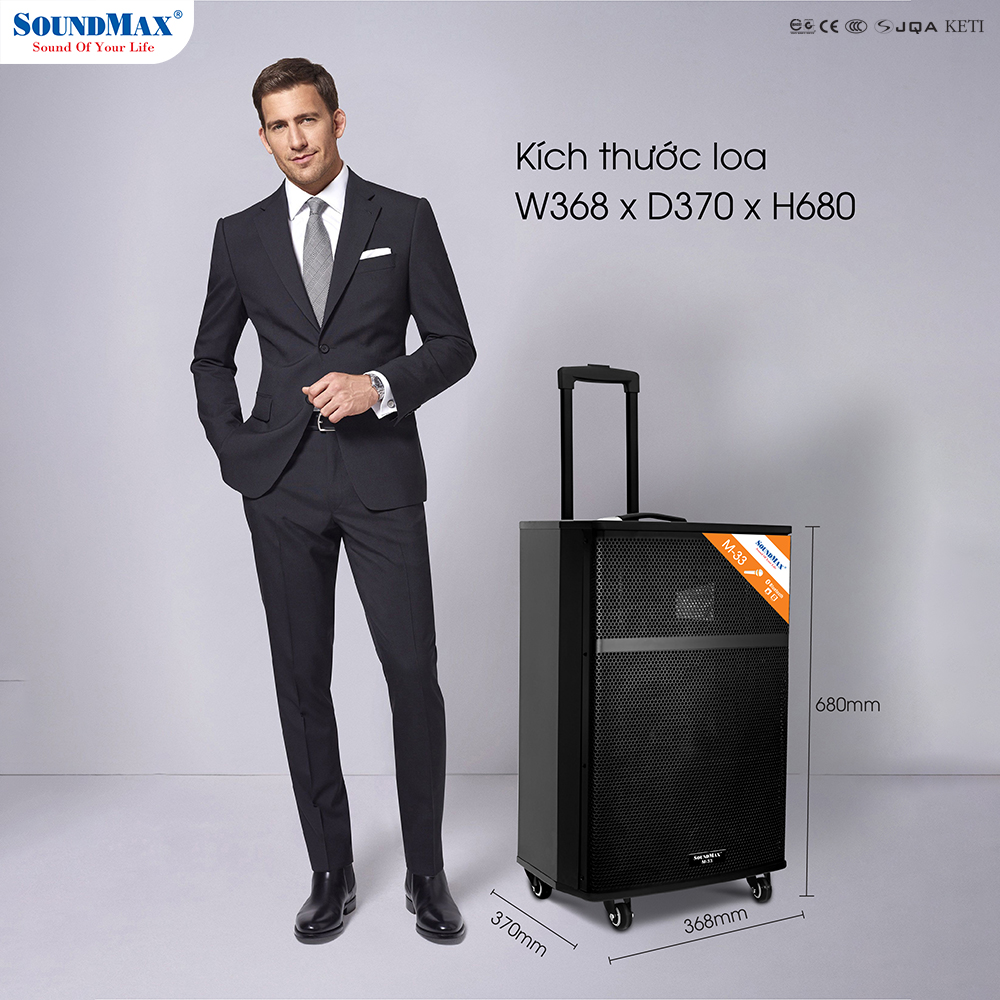 Loa Karaoke Di Động SoundMax M-33 | Loa Bluetooth SoundMax M33| Trolley Speaker | Công suất 100W, Bass 12" | Hỗ trợ USB, Thẻ Nhớ TF, Đèn LED RGB | Tặng 2 Micro Không Dây | Ngõ Vào Guitar - Hàng Chính Hãng