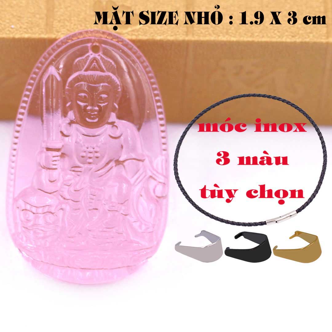Mặt Phật Văn thù pha lê hồng 1.9cm x 3cm  kèm vòng cổ dây da đen + móc inox vàng, Phật bản mệnh, mặt dây chuyền