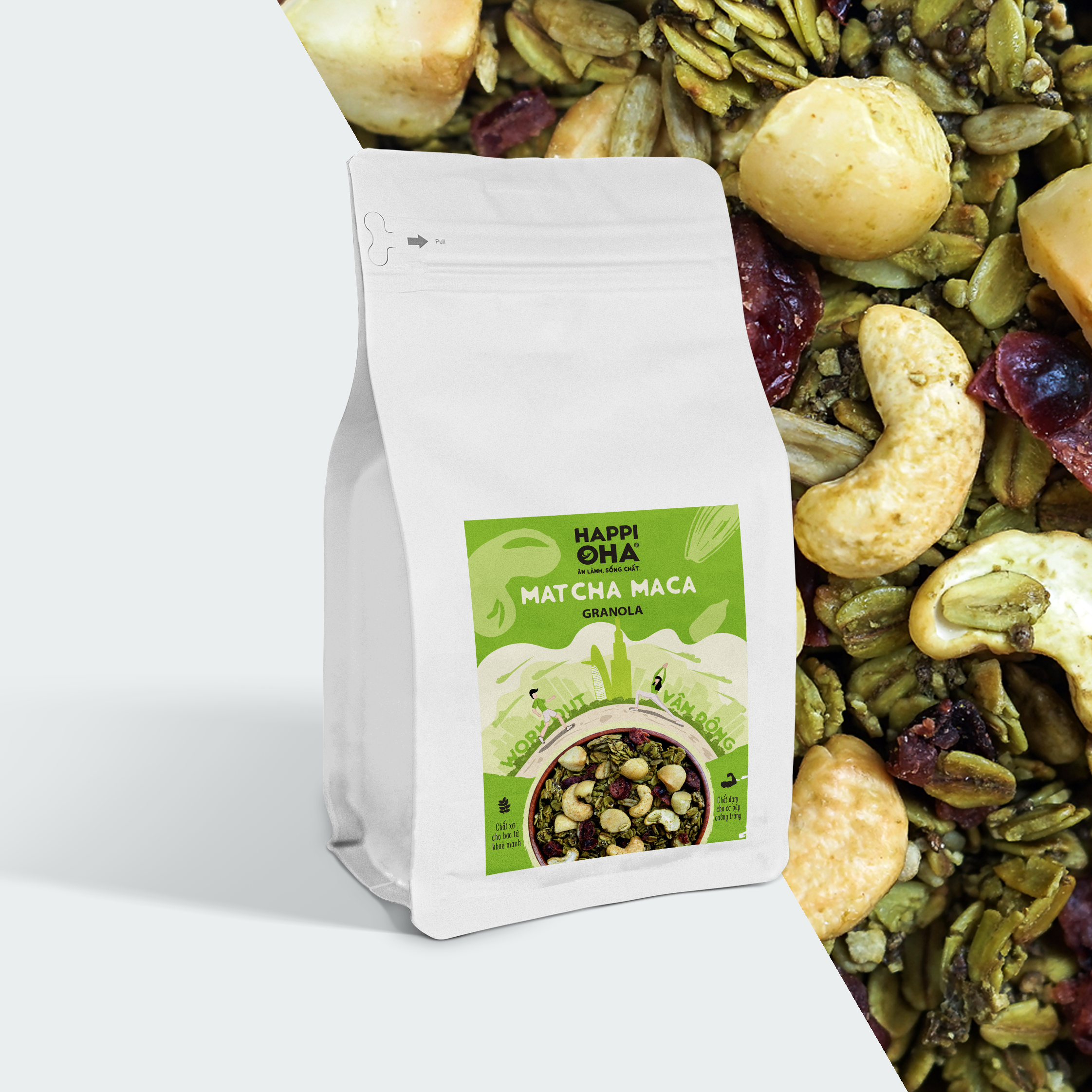 Granola Matcha Maca HAPPI OHA - Ngũ Cốc Ăn Sáng/Ngũ Cốc Ăn Kiêng Không Đường Tinh Luyện Vị Matcha 240g/400g