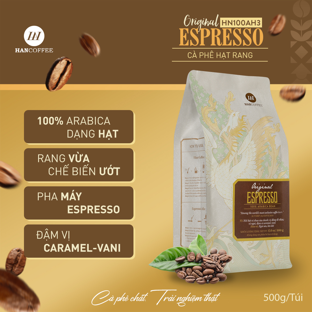 Cà Phê Original Arabica HANCOFFEE Pha Máy Espresso Cao Cấp Nổi Bật Vị Chua Thanh, Đắng Dịu, Ngọt Sâu HN100AH3