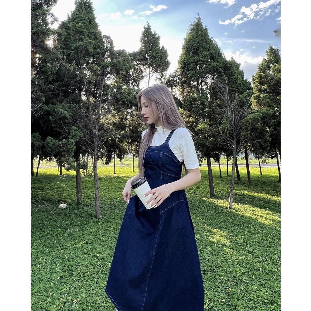 VÁY YẾM JEAN DENIM VIỀN CHỈ CHUN LƯNG DÁNG XÒE DÀI SIÊU XINH HÀN QUỐC