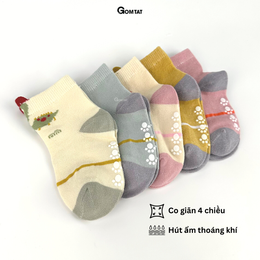 Set 5 đôi vớ cho bé gái hình khủng long dễ thương, tất trẻ êm chân có đệm cao su chống tuột gót - LISU-TREEM-NU04