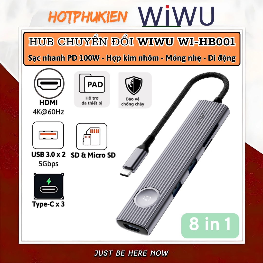 Hub chuyển đổi chia cổng USB-C 8in1 sạc nhanh 100W trang bị 2 USB 3.0 + 3 PD Type-C + Micro SD SD + HDMI 4K@60Hz hiệu WIWU Travel cho Macbook Laptop cho iPhone - Hợp kim nhôm, đa năng để vừa sạc vừa xuất màn hình và truyền dữ liệu  - Hàng nhập khẩu
