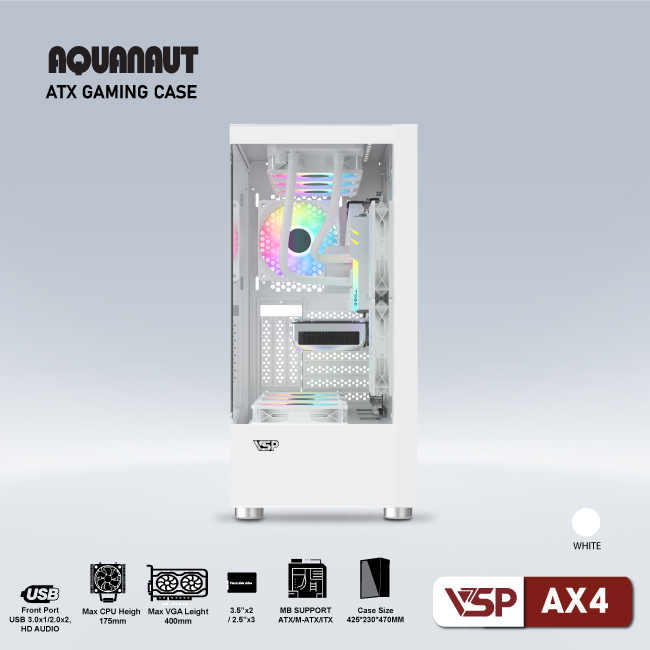 Vỏ máy tính Case VSP Aquanaut AX4 [TRẮNG] 2 mặt kính (ATX/M-ATX/mATX) (Không kèm Fan) - Hàng chính hãng Tech Vision phân phối