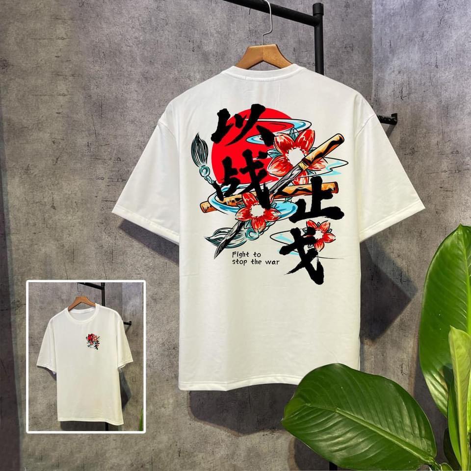 ÁO THUN NAM NỮ COTTON CHỮ TÀU KIẾM HOA ĐỎ FIGHT TO STOP