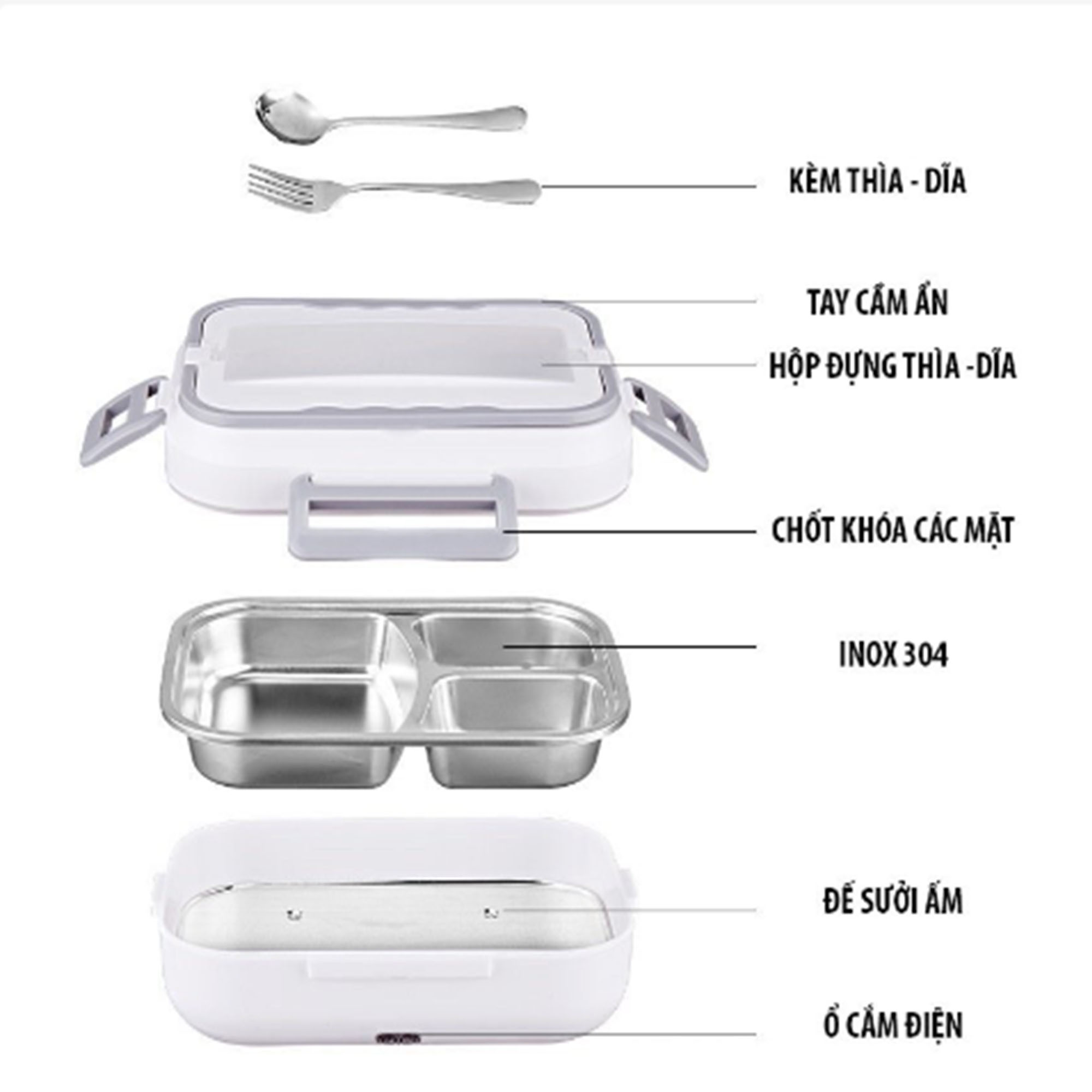Hộp hâm nóng Cơm 4 ngăn Cao Cấp Ruột inox 304 cắm điện- sử dụng văn phòng và cả oto