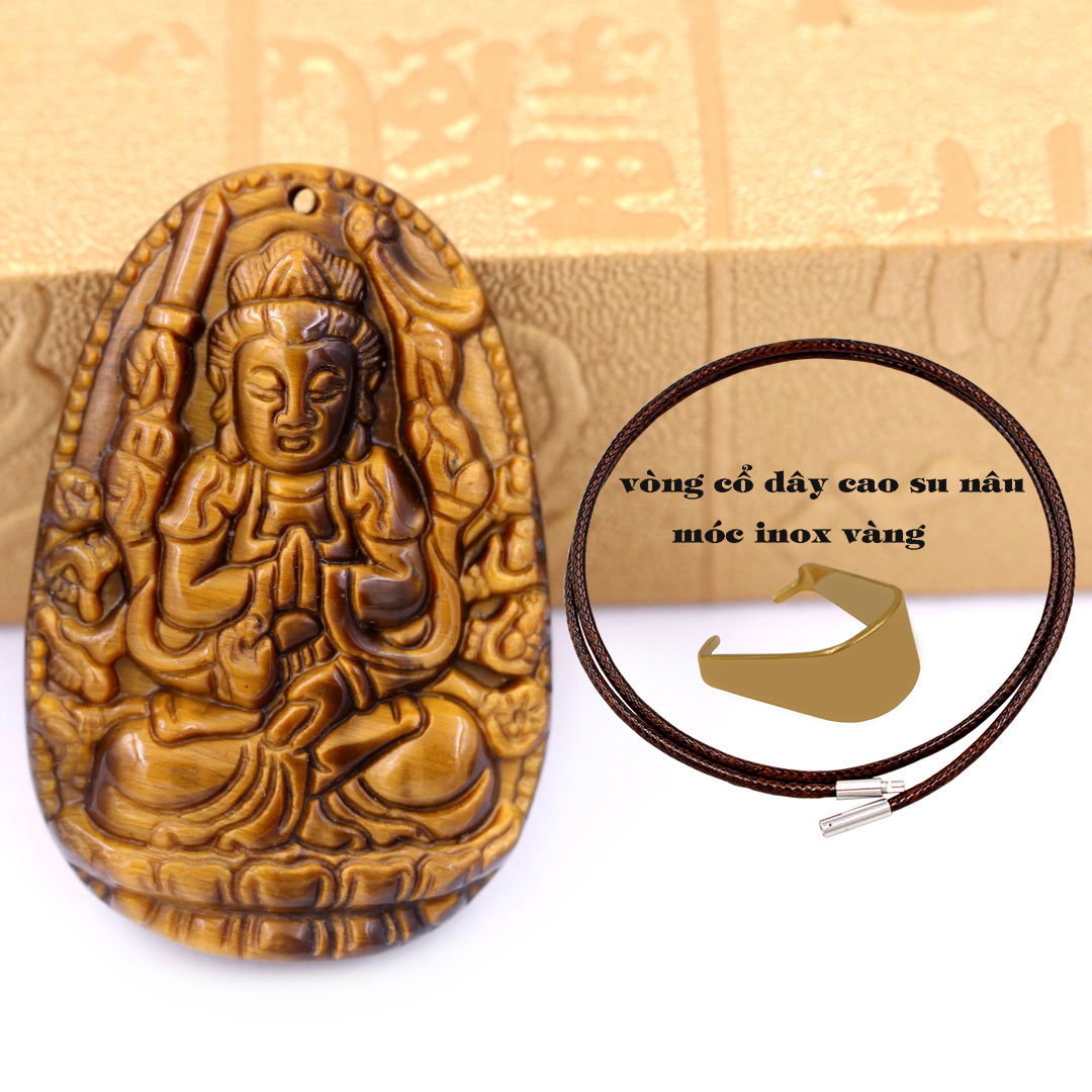 Mặt Phật Thiên thủ thiên nhãn đá mắt hổ 3.6 cm kèm móc và vòng cổ dây cao su nâu, Mặt Phật bản mệnh, Quan âm nghìn tay nghìn mắt